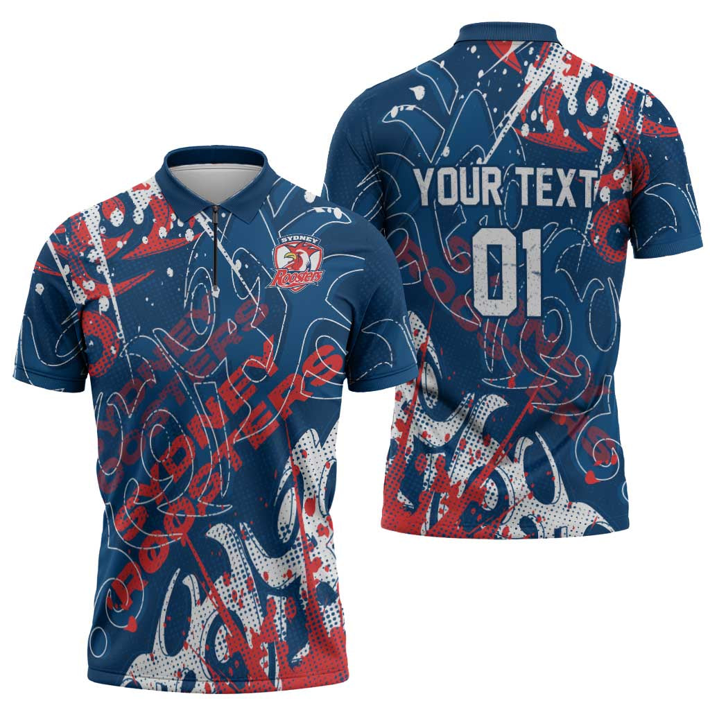 Personalized Sydney Roosters Rugby Zipper Polo Shirt Urban Street Graffiti Style - Distressed Splatter Elements
