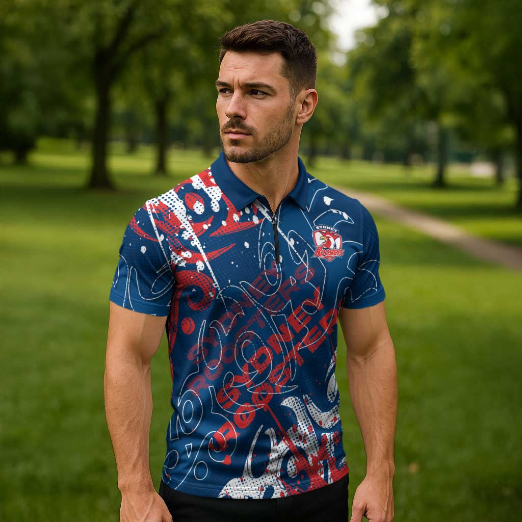 Personalized Sydney Roosters Rugby Zipper Polo Shirt Urban Street Graffiti Style - Distressed Splatter Elements