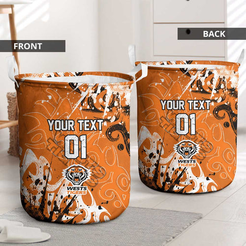 Personalized Wests Tigers Rugby Laundry Basket Urban Street Graffiti Style - Distressed Splatter Elements