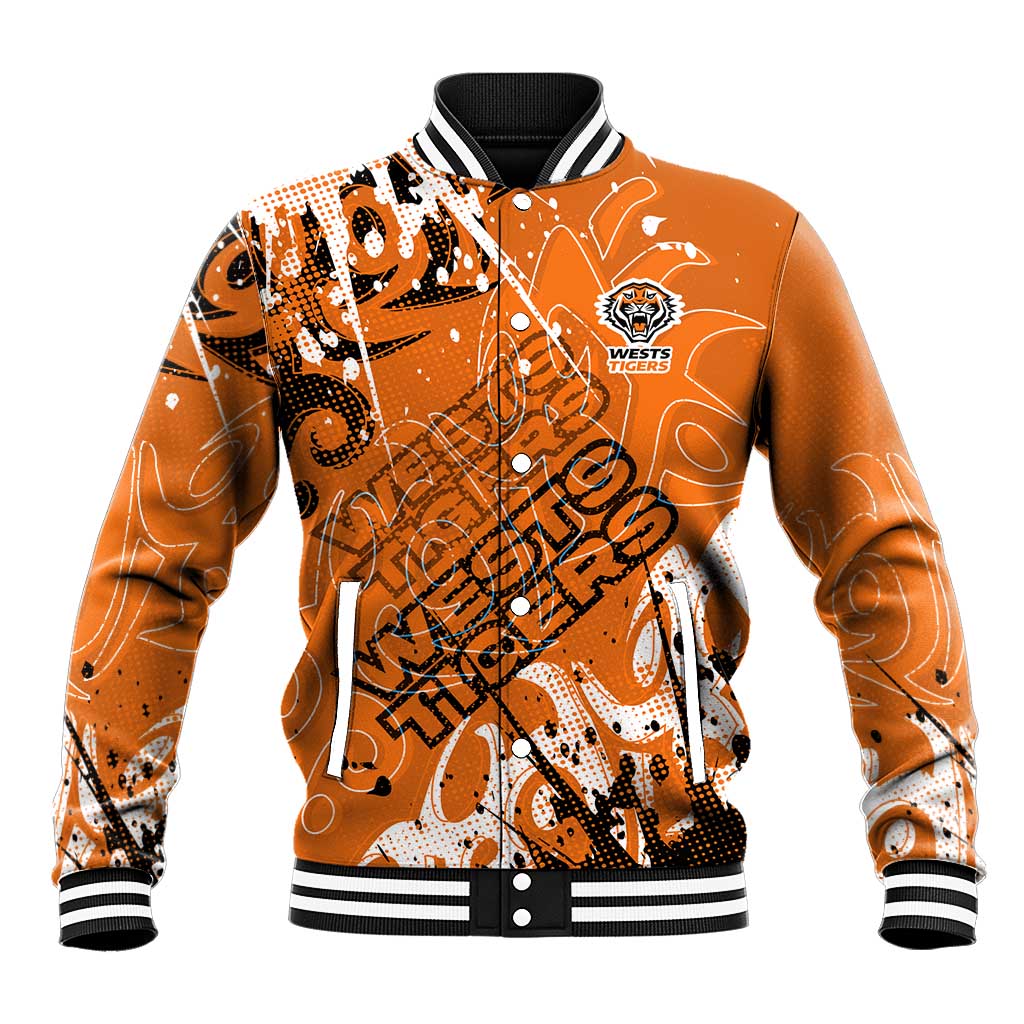 Personalized Wests Tigers Rugby Baseball Jacket Urban Street Graffiti Style - Distressed Splatter Elements