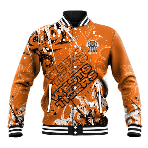 Personalized Wests Tigers Rugby Baseball Jacket Urban Street Graffiti Style - Distressed Splatter Elements