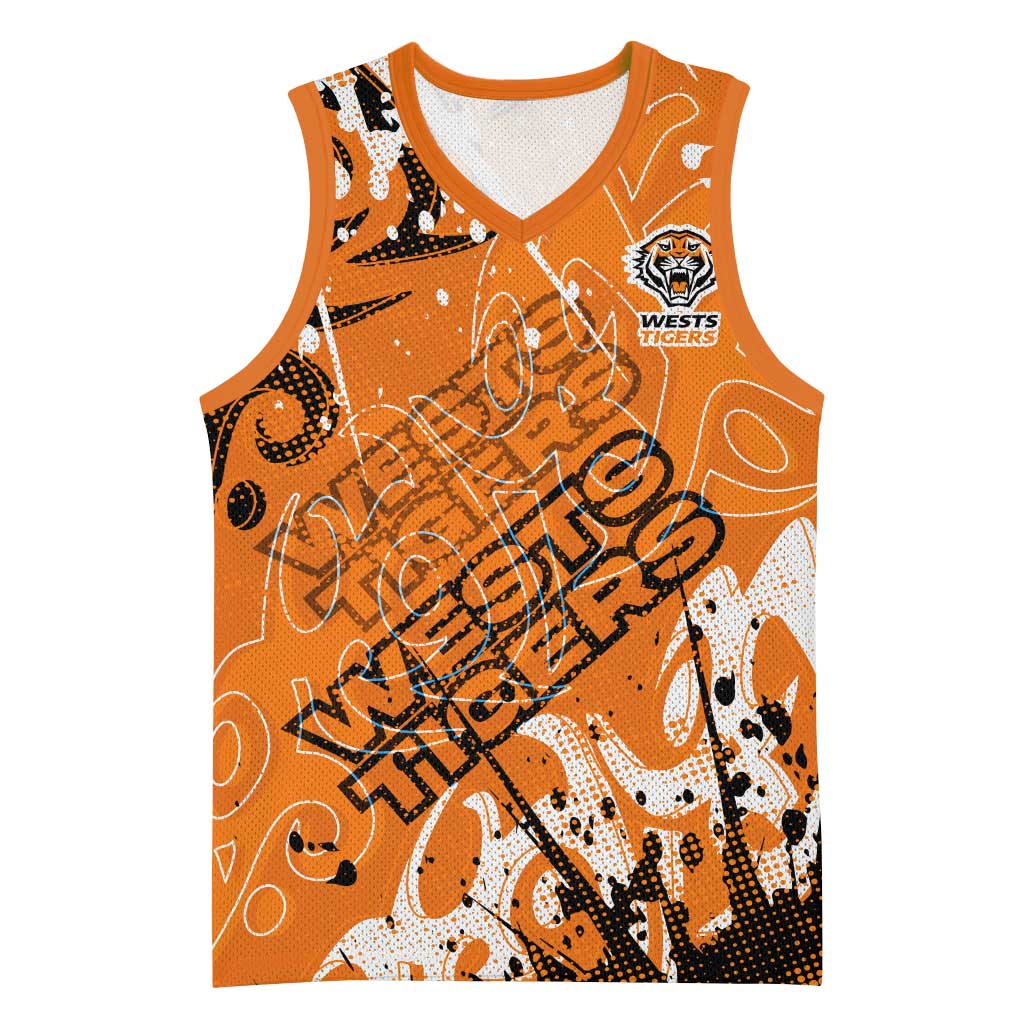 Personalized Wests Tigers Rugby Basketball Jersey Urban Street Graffiti Style - Distressed Splatter Elements