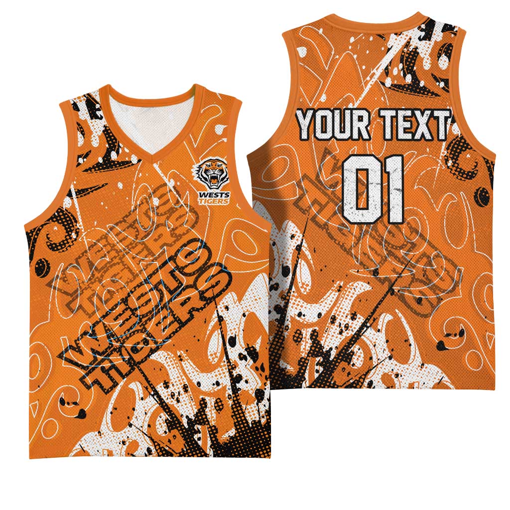Personalized Wests Tigers Rugby Basketball Jersey Urban Street Graffiti Style - Distressed Splatter Elements