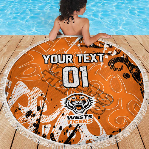 Personalized Wests Tigers Rugby Beach Blanket Urban Street Graffiti Style - Distressed Splatter Elements