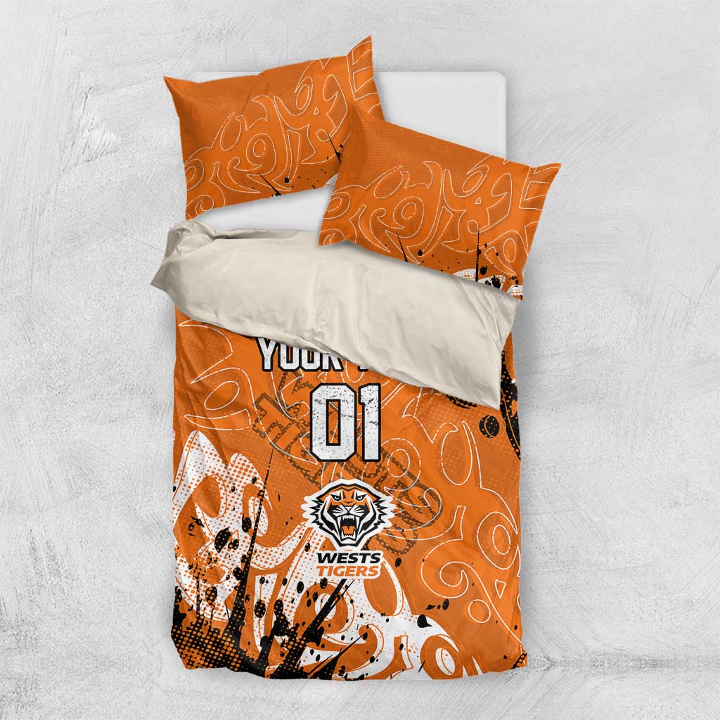 Personalized Wests Tigers Rugby Bedding Set Urban Street Graffiti Style - Distressed Splatter Elements