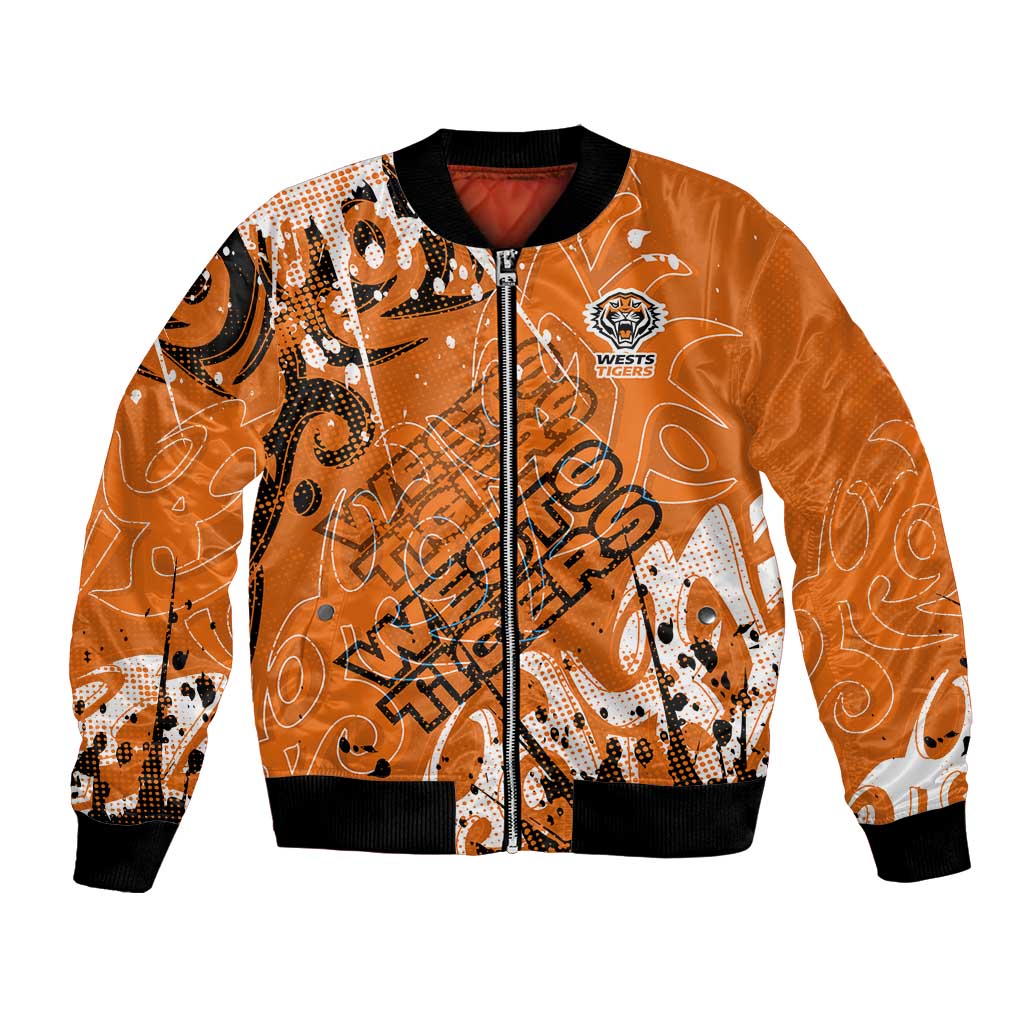 Personalized Wests Tigers Rugby Bomber Jacket Urban Street Graffiti Style - Distressed Splatter Elements