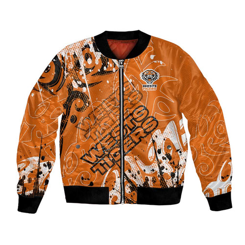 Personalized Wests Tigers Rugby Bomber Jacket Urban Street Graffiti Style - Distressed Splatter Elements