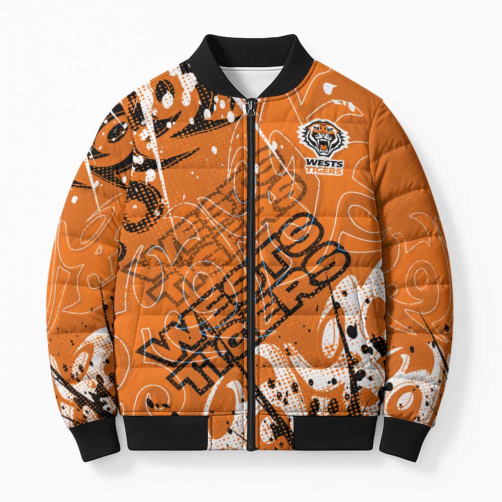 Personalized Wests Tigers Rugby Bomber Puffer Jacket Urban Street Graffiti Style - Distressed Splatter Elements