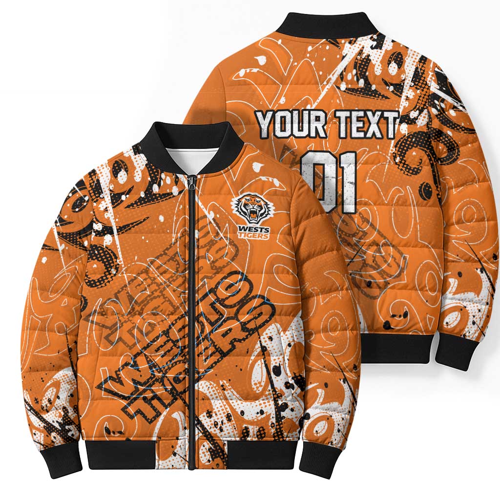 Personalized Wests Tigers Rugby Bomber Puffer Jacket Urban Street Graffiti Style - Distressed Splatter Elements