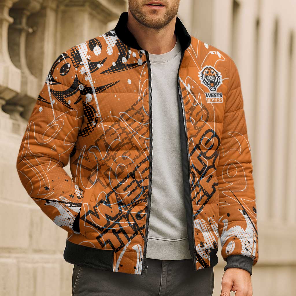 Personalized Wests Tigers Rugby Bomber Puffer Jacket Urban Street Graffiti Style - Distressed Splatter Elements