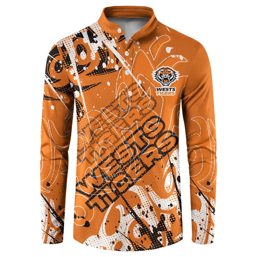 Personalized Wests Tigers Rugby Button Sweatshirt Urban Street Graffiti Style - Distressed Splatter Elements