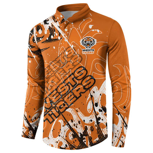 Personalized Wests Tigers Rugby Button Sweatshirt Urban Street Graffiti Style - Distressed Splatter Elements