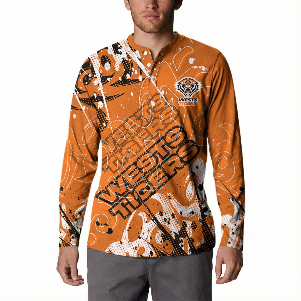 Personalized Wests Tigers Rugby Button Sweatshirt Urban Street Graffiti Style - Distressed Splatter Elements