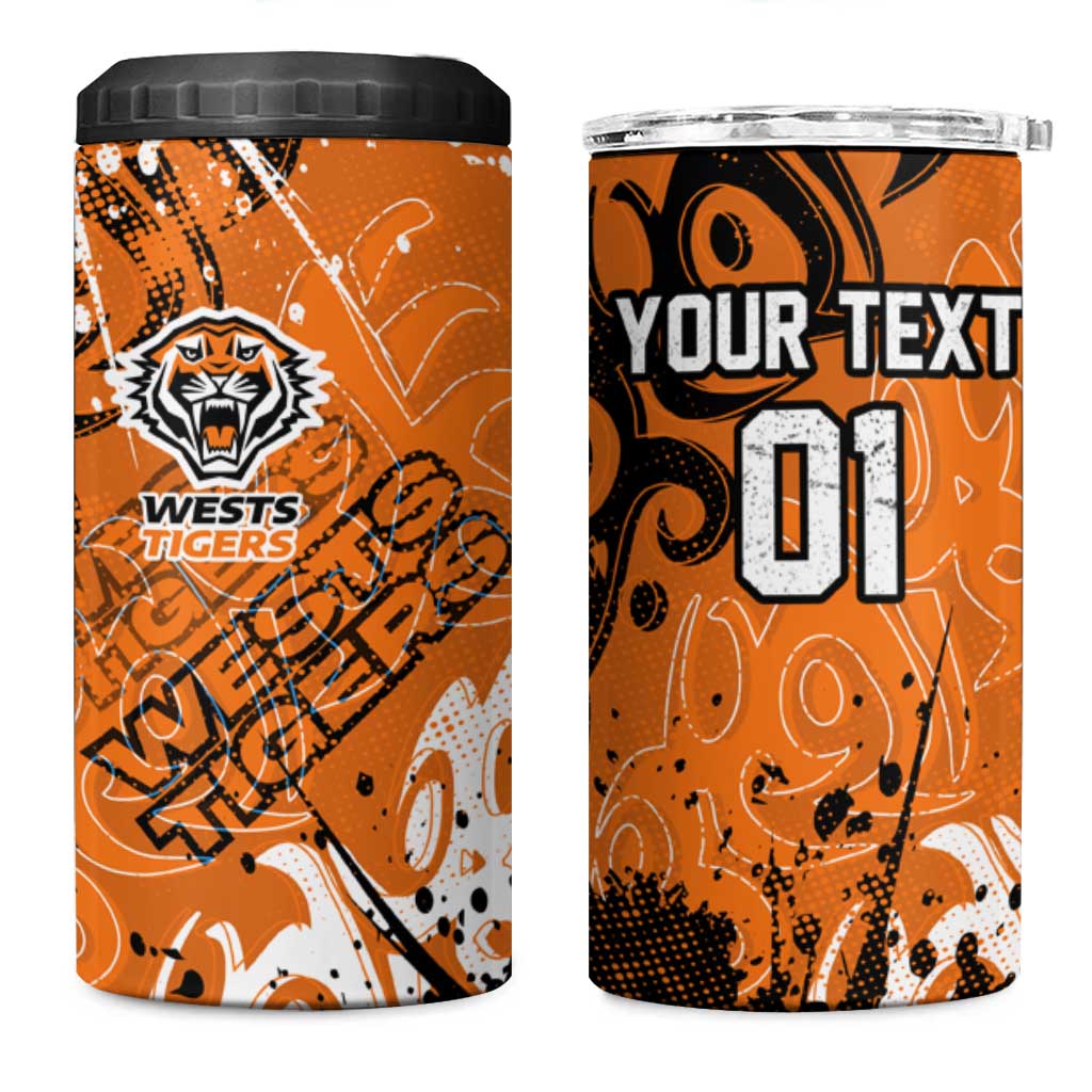 Personalized Wests Tigers Rugby 4 in 1 Can Cooler Tumbler Urban Street Graffiti Style - Distressed Splatter Elements