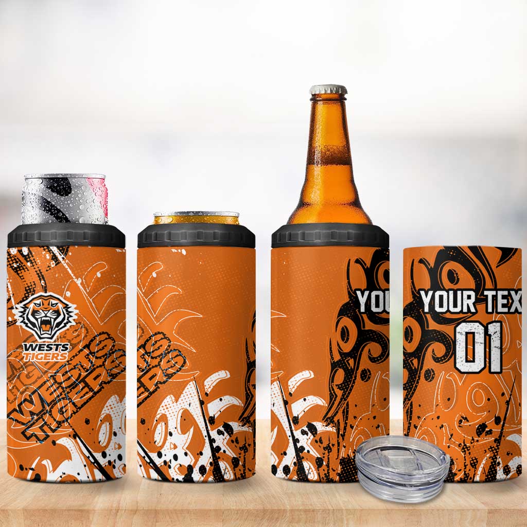 Personalized Wests Tigers Rugby 4 in 1 Can Cooler Tumbler Urban Street Graffiti Style - Distressed Splatter Elements