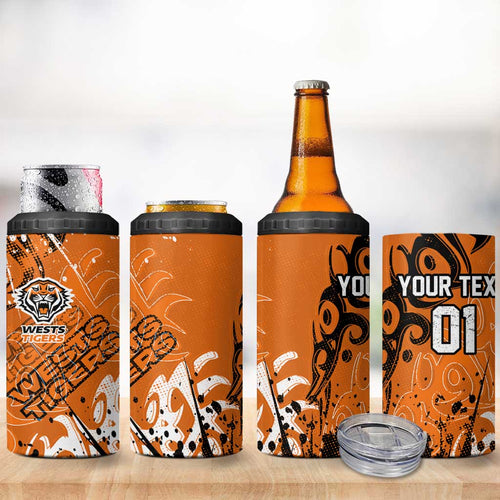 Personalized Wests Tigers Rugby 4 in 1 Can Cooler Tumbler Urban Street Graffiti Style - Distressed Splatter Elements