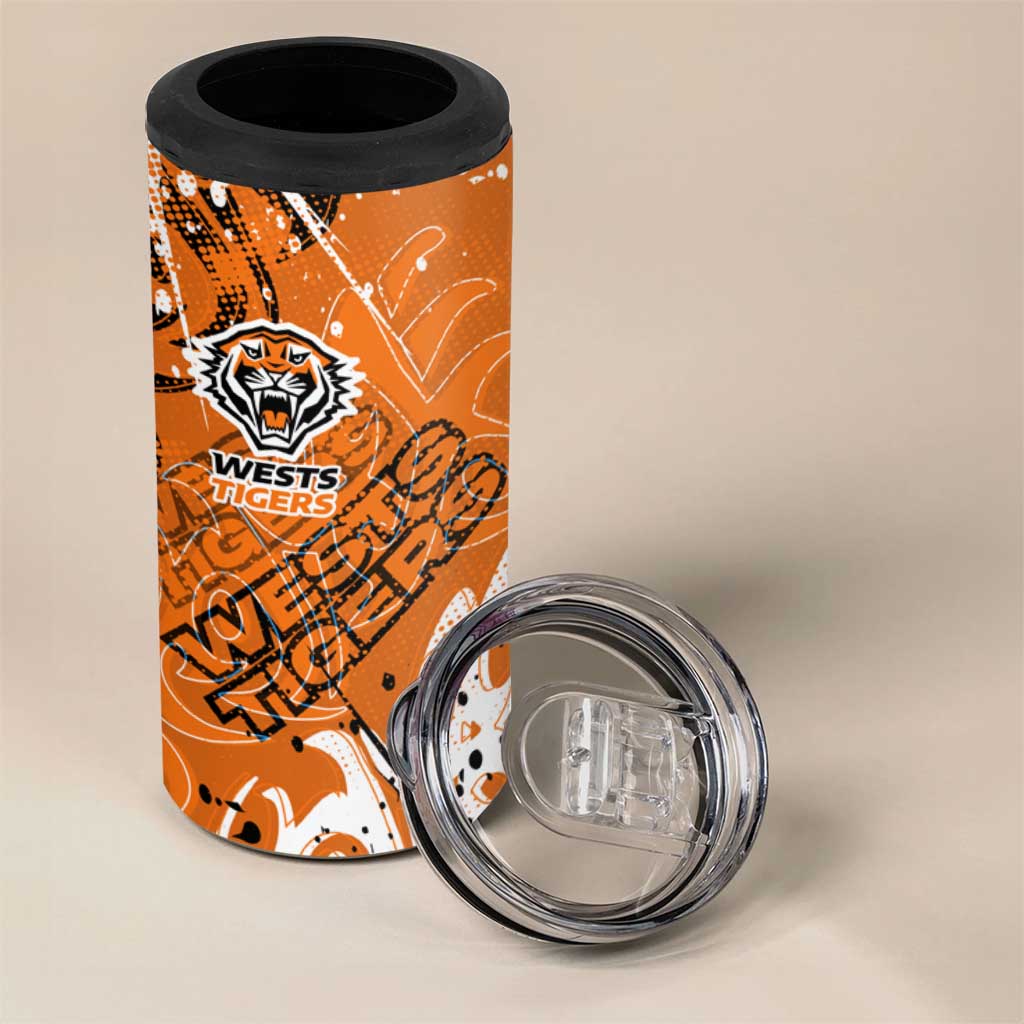 Personalized Wests Tigers Rugby 4 in 1 Can Cooler Tumbler Urban Street Graffiti Style - Distressed Splatter Elements