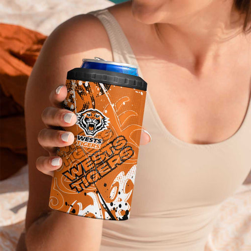 Personalized Wests Tigers Rugby 4 in 1 Can Cooler Tumbler Urban Street Graffiti Style - Distressed Splatter Elements