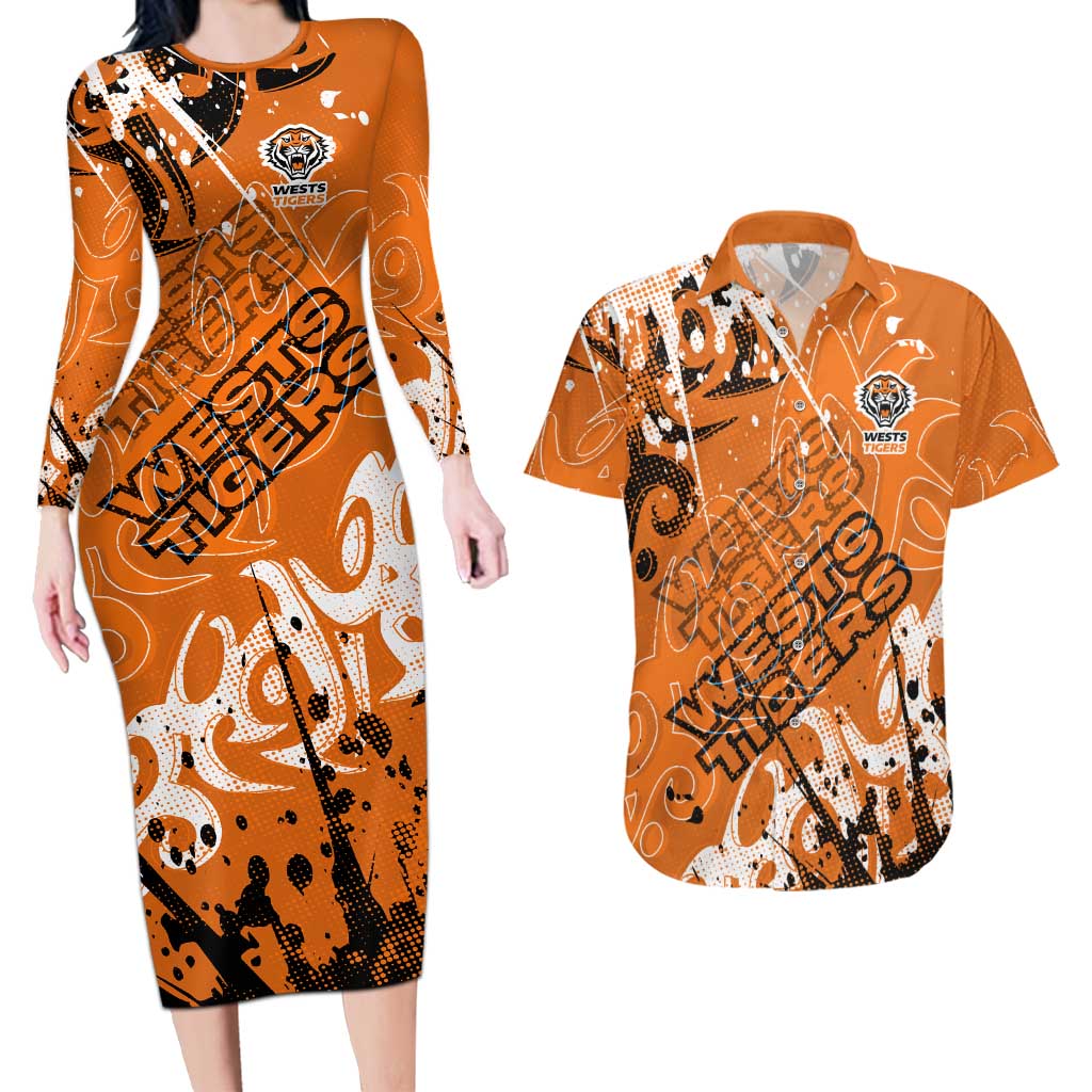 Personalized Wests Tigers Rugby Couples Matching Long Sleeve Bodycon Dress and Hawaiian Shirt Urban Street Graffiti Style - Distressed Splatter Elements