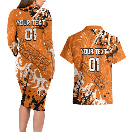 Personalized Wests Tigers Rugby Couples Matching Long Sleeve Bodycon Dress and Hawaiian Shirt Urban Street Graffiti Style - Distressed Splatter Elements
