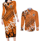 Personalized Wests Tigers Rugby Couples Matching Long Sleeve Bodycon Dress and Long Sleeve Button Shirt Urban Street Graffiti Style - Distressed Splatter Elements