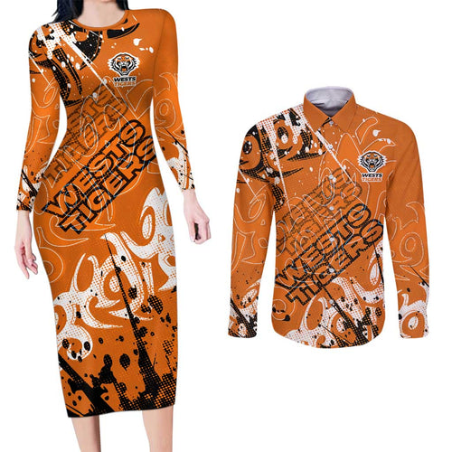Personalized Wests Tigers Rugby Couples Matching Long Sleeve Bodycon Dress and Long Sleeve Button Shirt Urban Street Graffiti Style - Distressed Splatter Elements