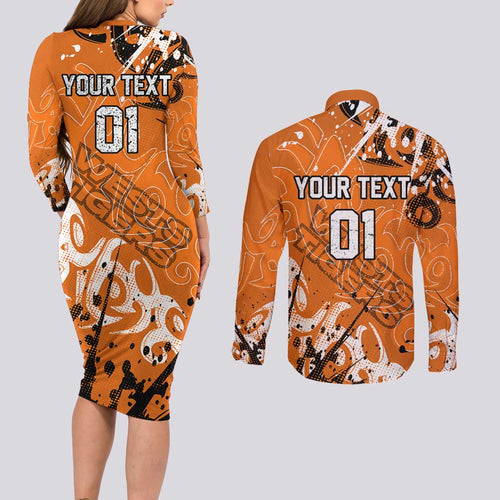 Personalized Wests Tigers Rugby Couples Matching Long Sleeve Bodycon Dress and Long Sleeve Button Shirt Urban Street Graffiti Style - Distressed Splatter Elements