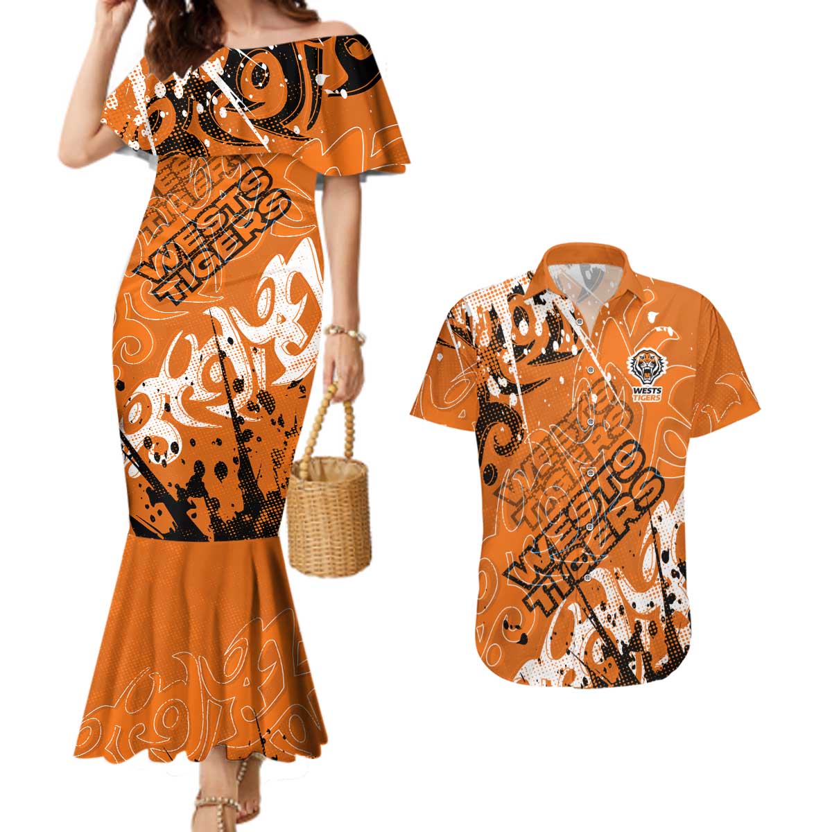 Personalized Wests Tigers Rugby Couples Matching Mermaid Dress and Hawaiian Shirt Urban Street Graffiti Style - Distressed Splatter Elements