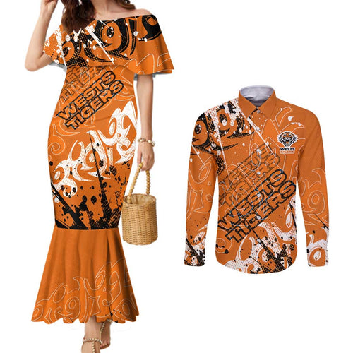Personalized Wests Tigers Rugby Couples Matching Mermaid Dress and Long Sleeve Button Shirt Urban Street Graffiti Style - Distressed Splatter Elements