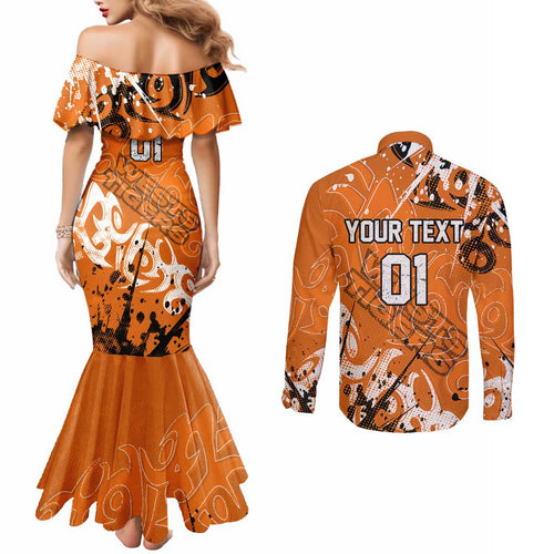 Personalized Wests Tigers Rugby Couples Matching Mermaid Dress and Long Sleeve Button Shirt Urban Street Graffiti Style - Distressed Splatter Elements