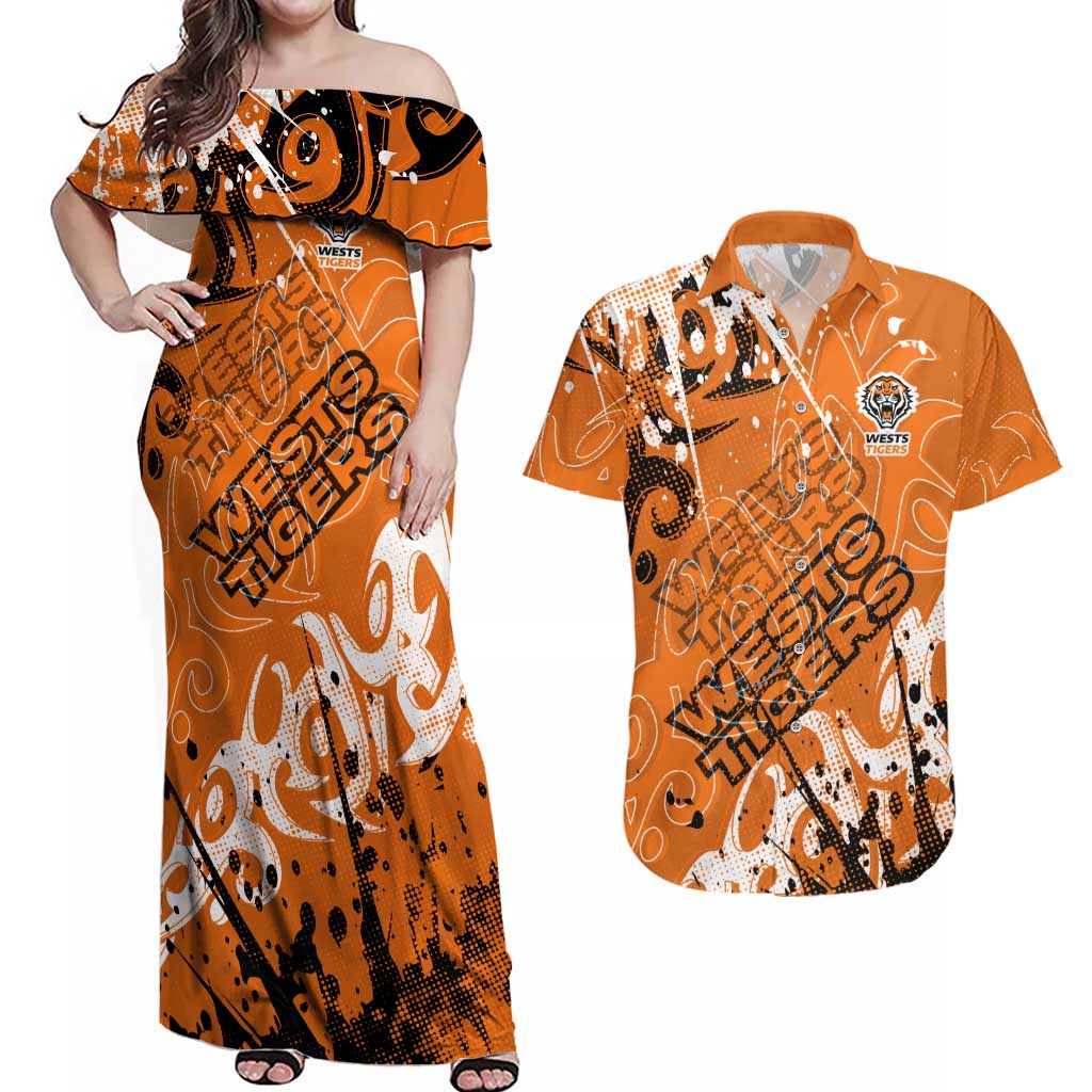 Personalized Wests Tigers Rugby Couples Matching Off Shoulder Maxi Dress and Hawaiian Shirt Urban Street Graffiti Style - Distressed Splatter Elements