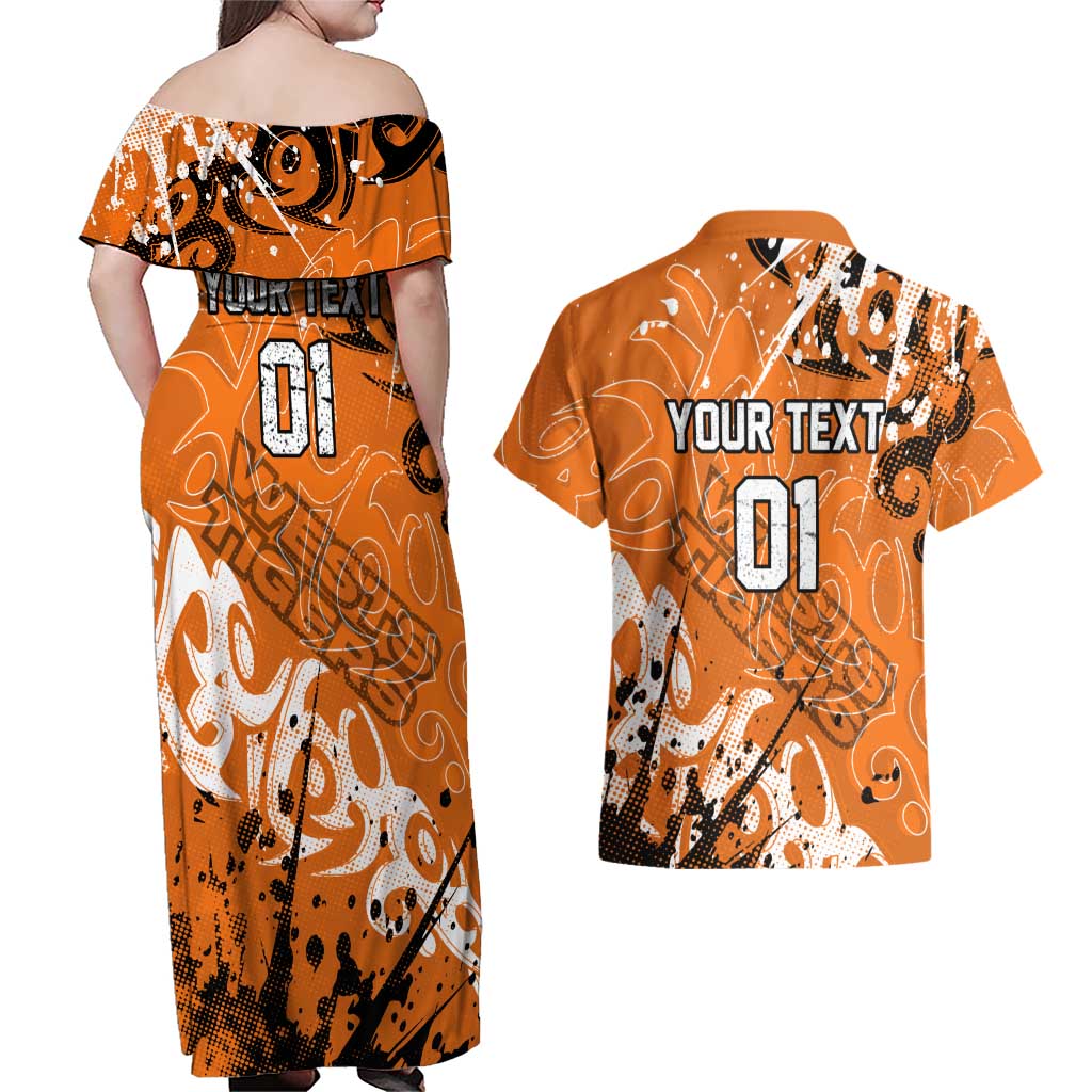 Personalized Wests Tigers Rugby Couples Matching Off Shoulder Maxi Dress and Hawaiian Shirt Urban Street Graffiti Style - Distressed Splatter Elements
