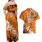 Personalized Wests Tigers Rugby Couples Matching Off Shoulder Maxi Dress and Hawaiian Shirt Urban Street Graffiti Style - Distressed Splatter Elements