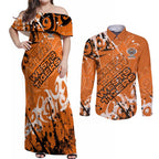 Personalized Wests Tigers Rugby Couples Matching Off Shoulder Maxi Dress and Long Sleeve Button Shirt Urban Street Graffiti Style - Distressed Splatter Elements