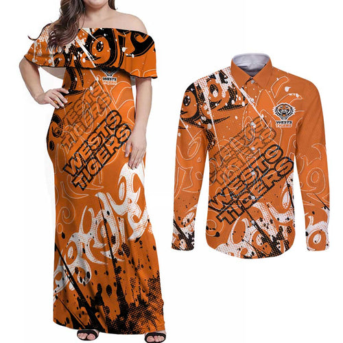 Personalized Wests Tigers Rugby Couples Matching Off Shoulder Maxi Dress and Long Sleeve Button Shirt Urban Street Graffiti Style - Distressed Splatter Elements