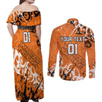 Personalized Wests Tigers Rugby Couples Matching Off Shoulder Maxi Dress and Long Sleeve Button Shirt Urban Street Graffiti Style - Distressed Splatter Elements