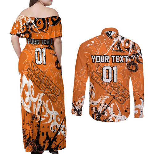 Personalized Wests Tigers Rugby Couples Matching Off Shoulder Maxi Dress and Long Sleeve Button Shirt Urban Street Graffiti Style - Distressed Splatter Elements