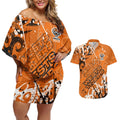 Personalized Wests Tigers Rugby Couples Matching Off Shoulder Short Dress and Hawaiian Shirt Urban Street Graffiti Style - Distressed Splatter Elements