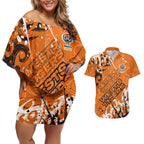 Personalized Wests Tigers Rugby Couples Matching Off Shoulder Short Dress and Hawaiian Shirt Urban Street Graffiti Style - Distressed Splatter Elements