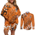Personalized Wests Tigers Rugby Couples Matching Off Shoulder Short Dress and Long Sleeve Button Shirt Urban Street Graffiti Style - Distressed Splatter Elements