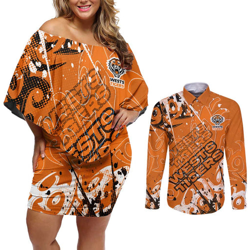 Personalized Wests Tigers Rugby Couples Matching Off Shoulder Short Dress and Long Sleeve Button Shirt Urban Street Graffiti Style - Distressed Splatter Elements