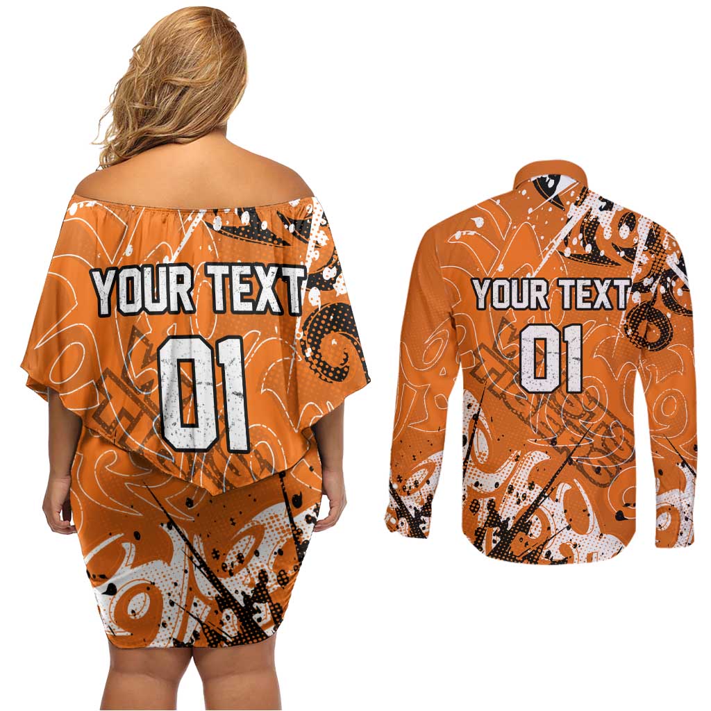Personalized Wests Tigers Rugby Couples Matching Off Shoulder Short Dress and Long Sleeve Button Shirt Urban Street Graffiti Style - Distressed Splatter Elements