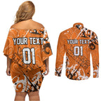 Personalized Wests Tigers Rugby Couples Matching Off Shoulder Short Dress and Long Sleeve Button Shirt Urban Street Graffiti Style - Distressed Splatter Elements