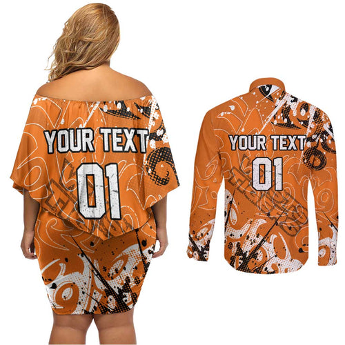 Personalized Wests Tigers Rugby Couples Matching Off Shoulder Short Dress and Long Sleeve Button Shirt Urban Street Graffiti Style - Distressed Splatter Elements