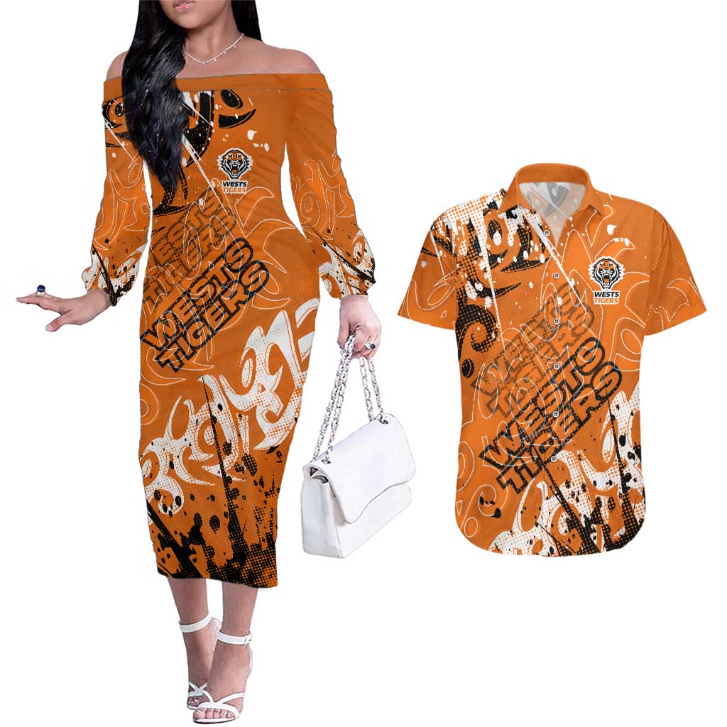 Personalized Wests Tigers Rugby Couples Matching Off The Shoulder Long Sleeve Dress and Hawaiian Shirt Urban Street Graffiti Style - Distressed Splatter Elements