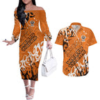 Personalized Wests Tigers Rugby Couples Matching Off The Shoulder Long Sleeve Dress and Hawaiian Shirt Urban Street Graffiti Style - Distressed Splatter Elements