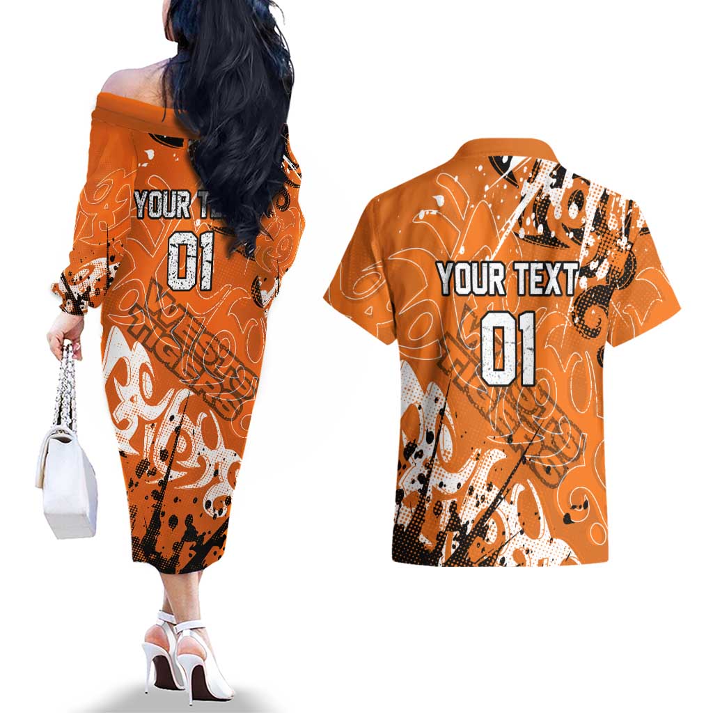 Personalized Wests Tigers Rugby Couples Matching Off The Shoulder Long Sleeve Dress and Hawaiian Shirt Urban Street Graffiti Style - Distressed Splatter Elements