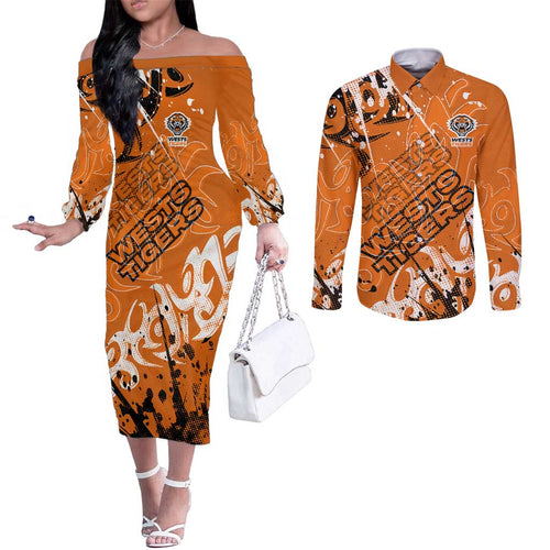 Personalized Wests Tigers Rugby Couples Matching Off The Shoulder Long Sleeve Dress and Long Sleeve Button Shirt Urban Street Graffiti Style - Distressed Splatter Elements