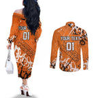 Personalized Wests Tigers Rugby Couples Matching Off The Shoulder Long Sleeve Dress and Long Sleeve Button Shirt Urban Street Graffiti Style - Distressed Splatter Elements