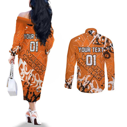 Personalized Wests Tigers Rugby Couples Matching Off The Shoulder Long Sleeve Dress and Long Sleeve Button Shirt Urban Street Graffiti Style - Distressed Splatter Elements